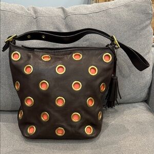 Coach Brown Leather Shoulder Bag with Gold and Orange Accents